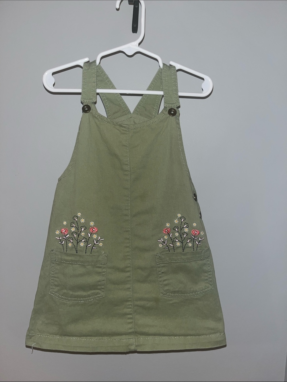 Olive Green Floral Embroidered  Overalls for Kids